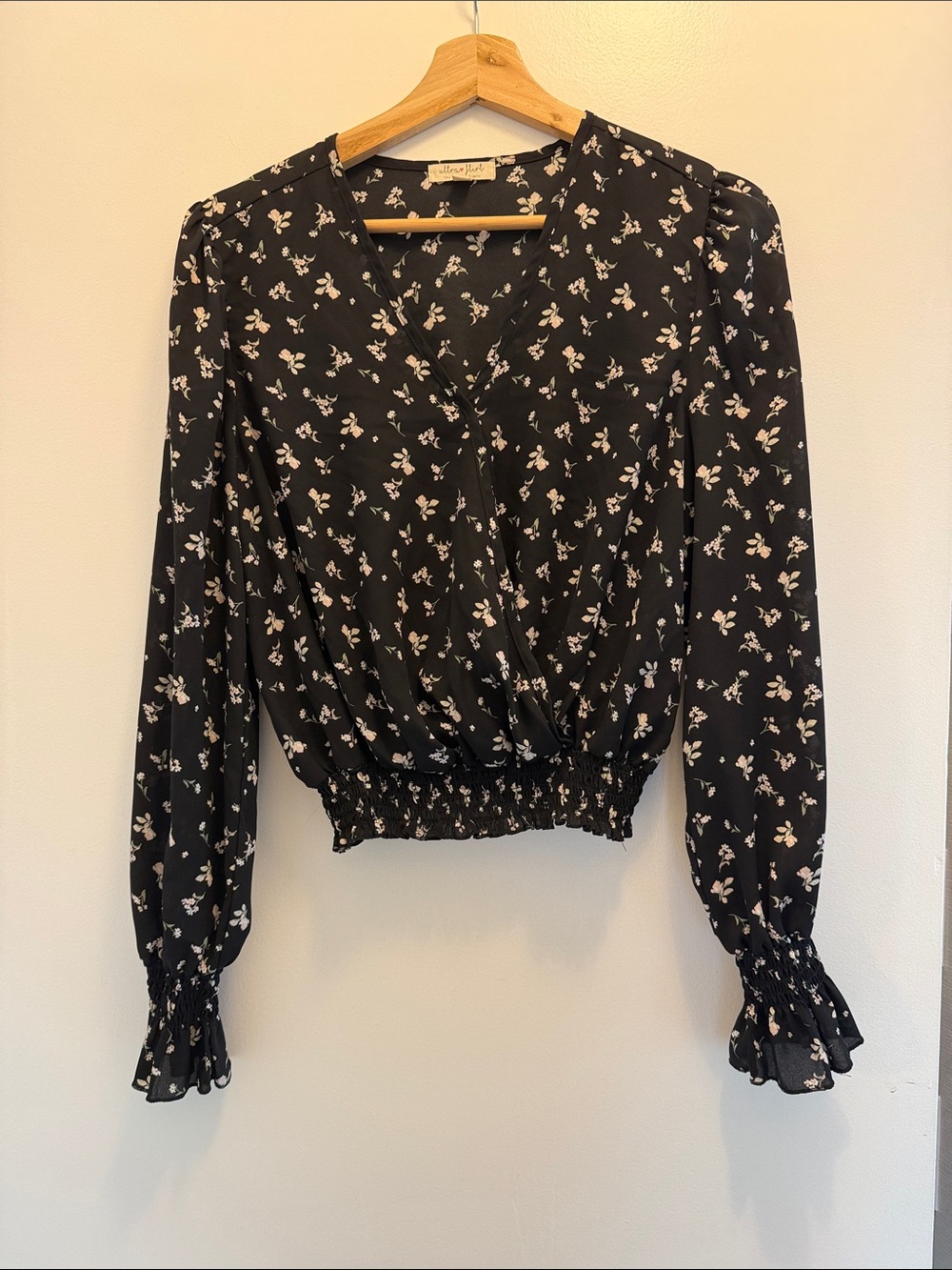 Ultra Flirt Black Floral Wrap-Style Long Sleeve Top